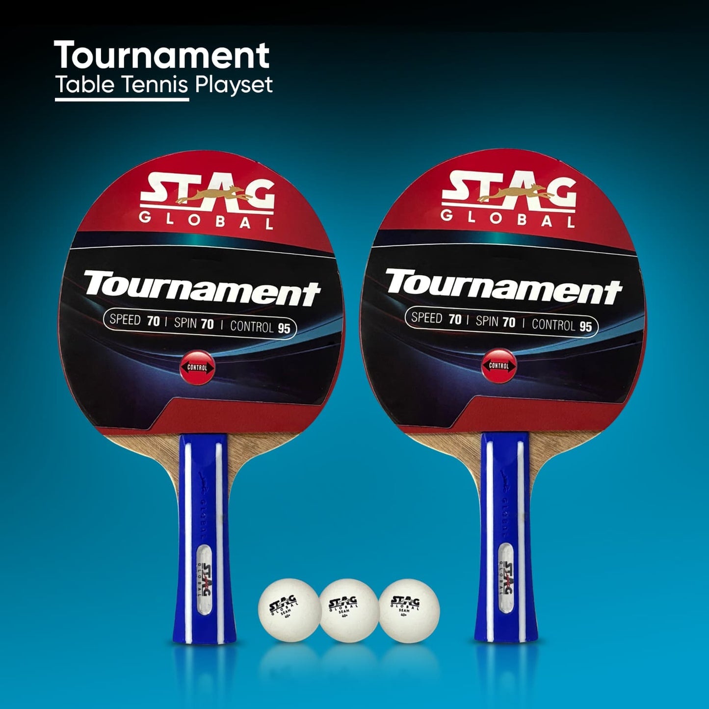 STAG GLOBAL Tournament Table Tennis Playset With 2 Rackets | 3 Seam Balls |
