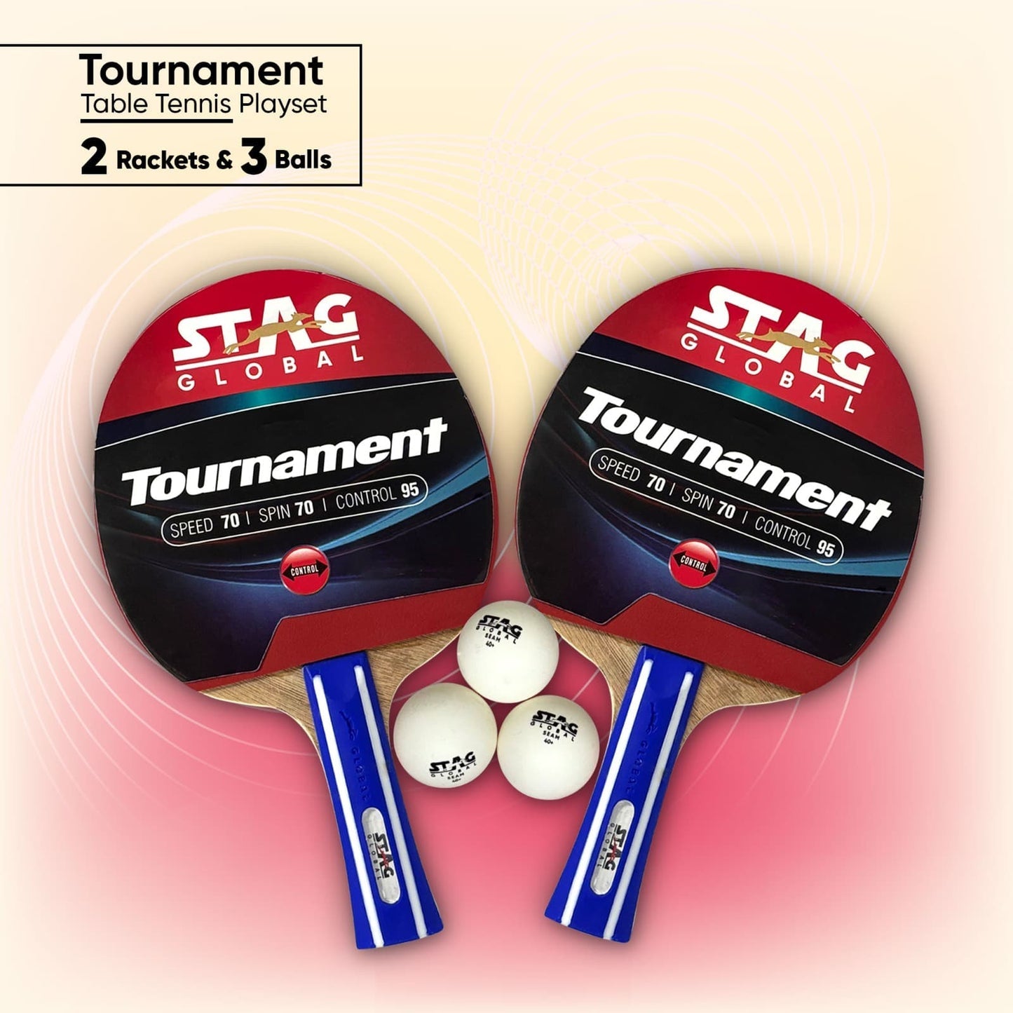 STAG GLOBAL Tournament Table Tennis Playset With 2 Rackets | 3 Seam Balls |